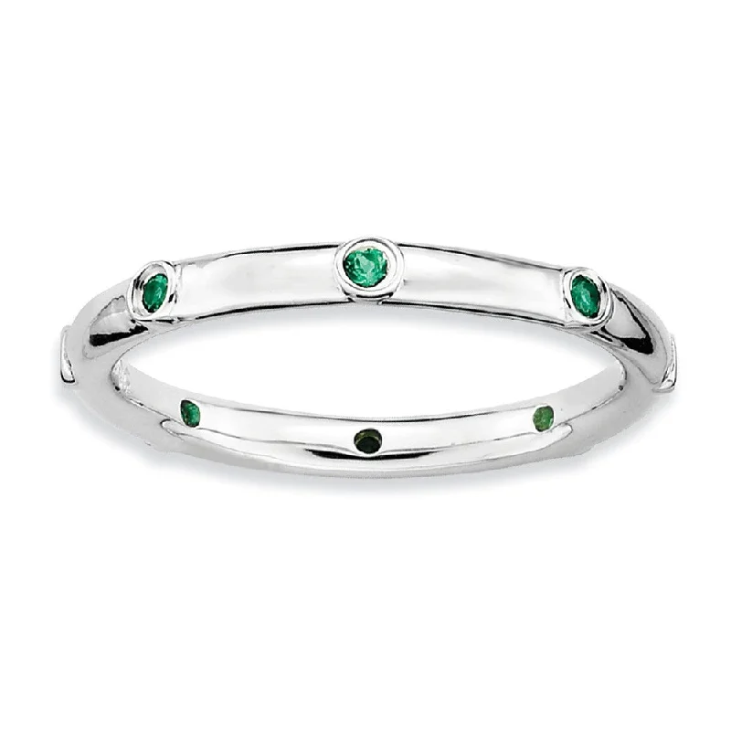 Trendy Engagement Rings-Sterling Silver Stackable Created Emerald Accent 2.25mm Band