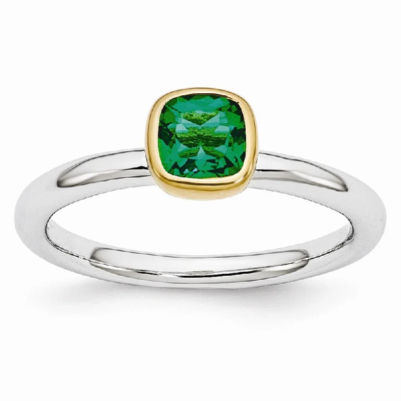 Women’s Statement Rings-Two Tone Sterling Silver Stackable 5mm Cushion Created Emerald Ring