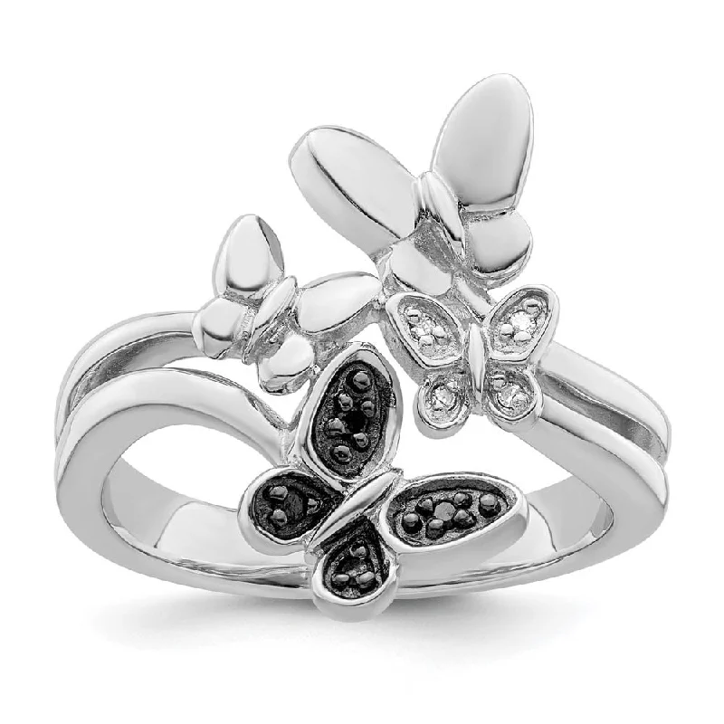 Dainty Gemstone Rings-1/20 Ctw Black & White Diamond Butterfly Ring in Sterling Silver