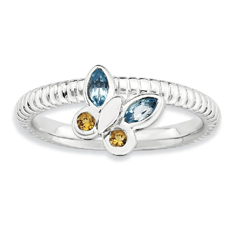 Sparkling Diamond Rings-Silver Stackable Citrine and Topaz Gemstone Butterfly Ring