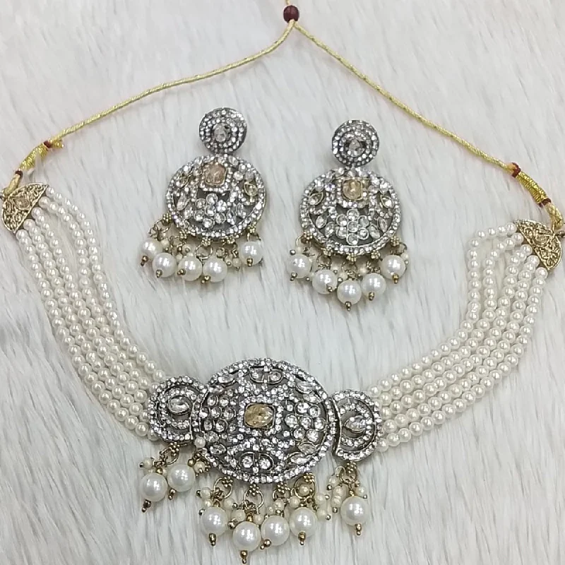 Trendy Gold Pendant Necklaces-Rudraksh Art Gold Plated Crystal Stone Pearls And Beads Choker Necklace Set