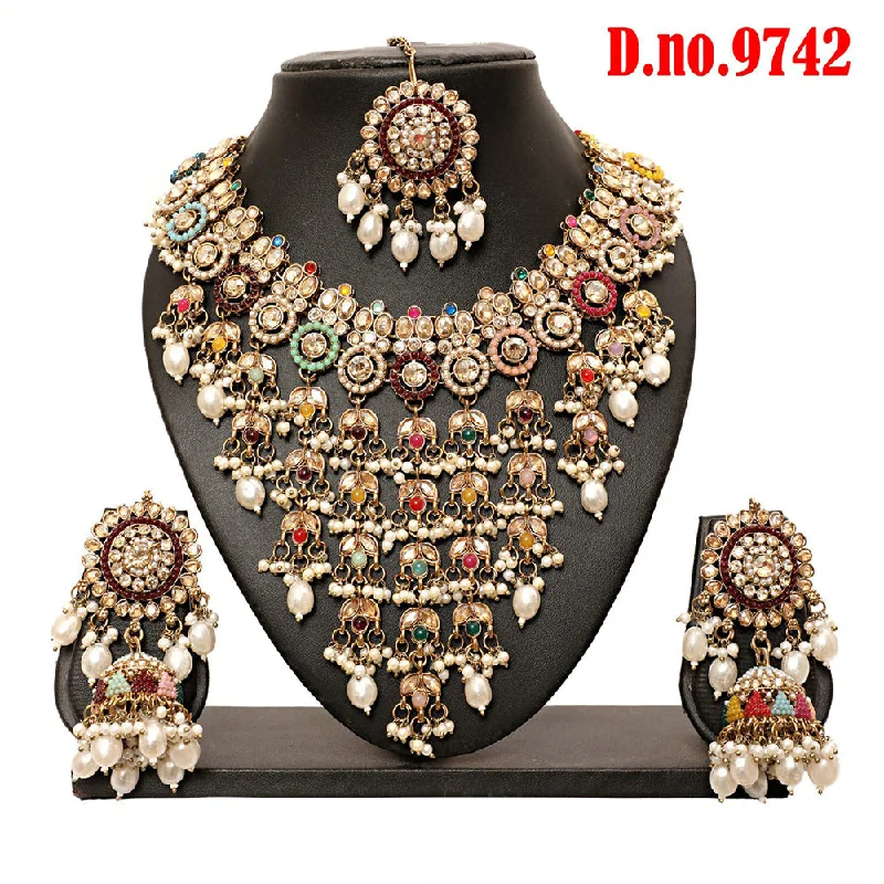 Sparkling Crystal Necklaces-Rudraksh Art Gold Plated Crystal Stone Pearls And Beads Necklace Set