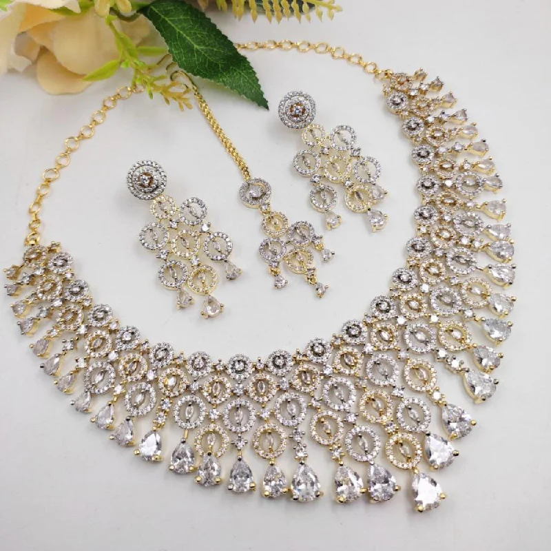 Elegant Crystal Pendant Necklaces-Aamrapali 2 Tone Plated American Diamond Necklace Set