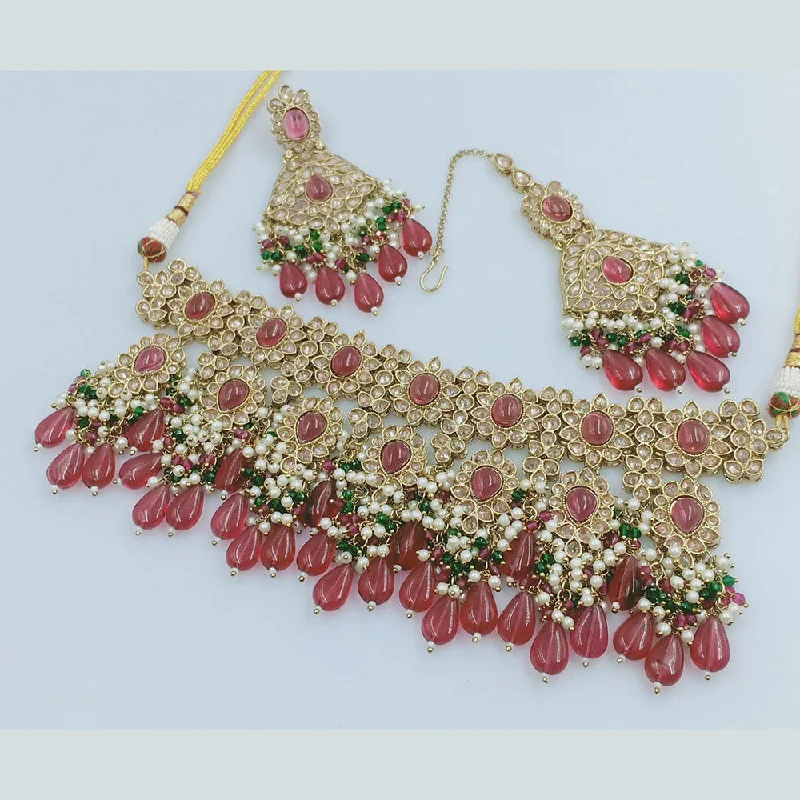 Silver Chain Necklaces-Rajwadi Collection Gold Plated Crystal Stone And Pearls Choker Necklace Set