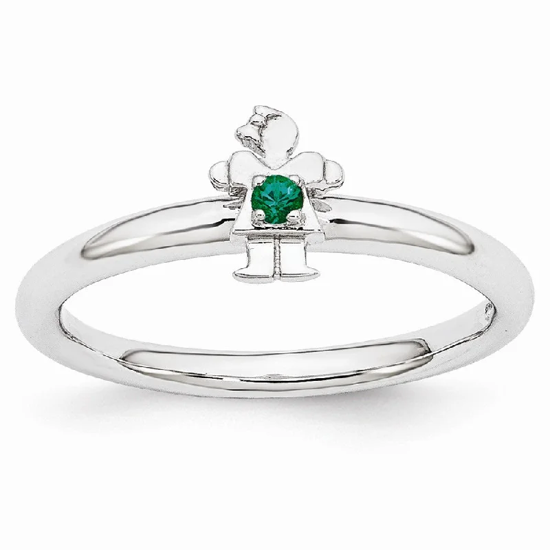 Luxury Silver Rings-Rhodium Plated Sterling Silver Stackable Created Emerald 7mm Girl Ring