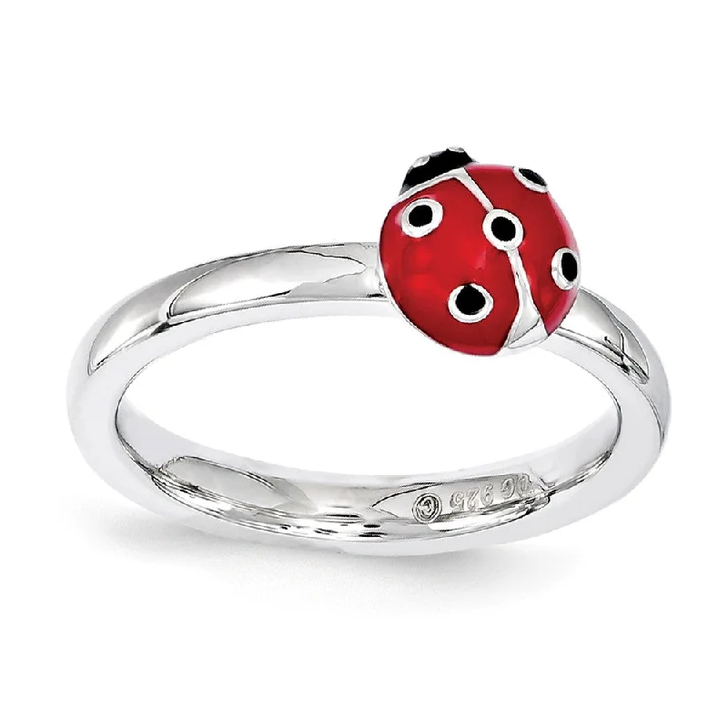 Unique Wedding Bands-Sterling Silver Stackable Red & Black Enamel 8mm Ladybug Ring