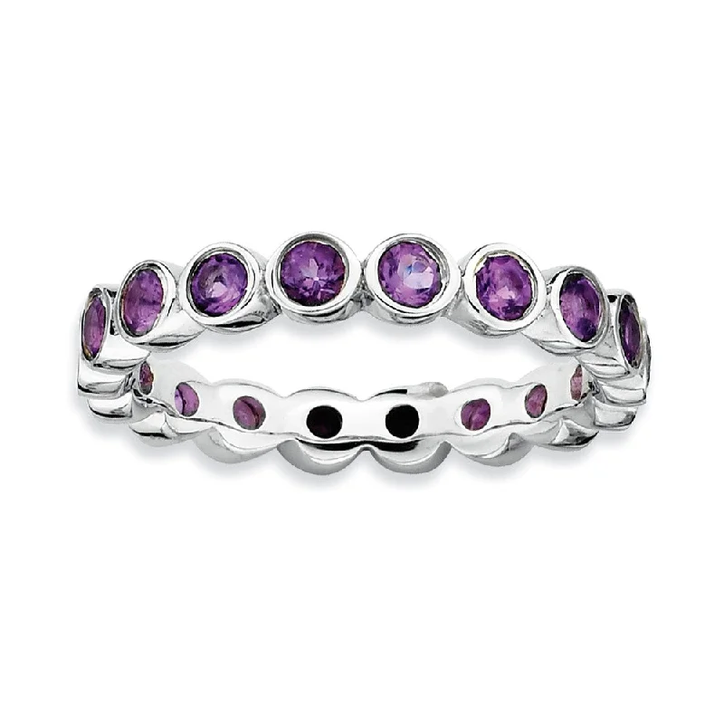 Trendy Silver Rings-3.5mm Sterling Silver Stackable Bezel Set Amethyst Band