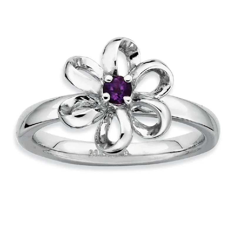 Trendy Rings for Men-Sterling Silver Stackable Amethyst Flower Ring