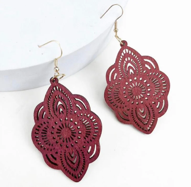 Boho Earrings for Weddings-Red Bohemian Hollow Out Wooden Drop Earrings