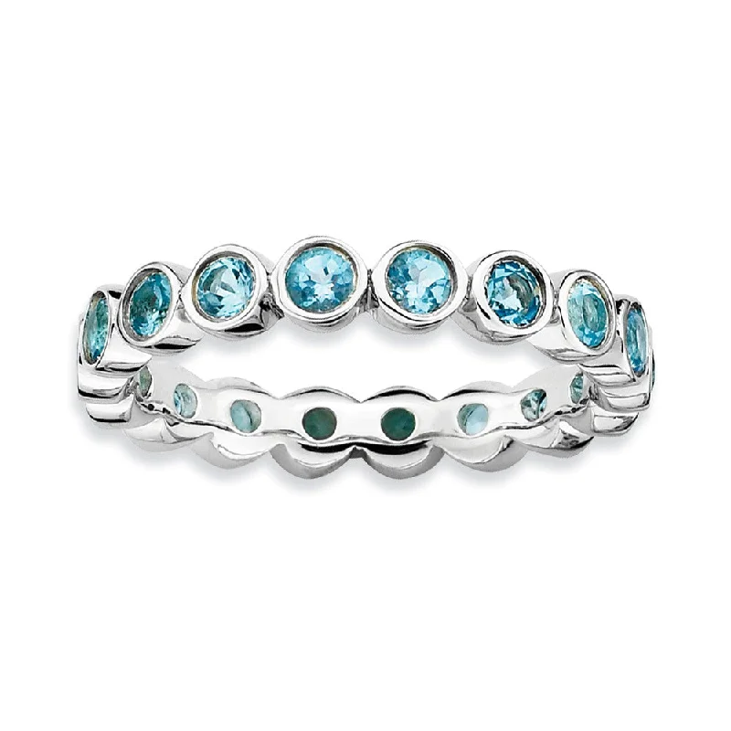 Classic Gemstone Rings-Sterling Silver Stackable Bezel Set Blue Topaz 3.5mm Band