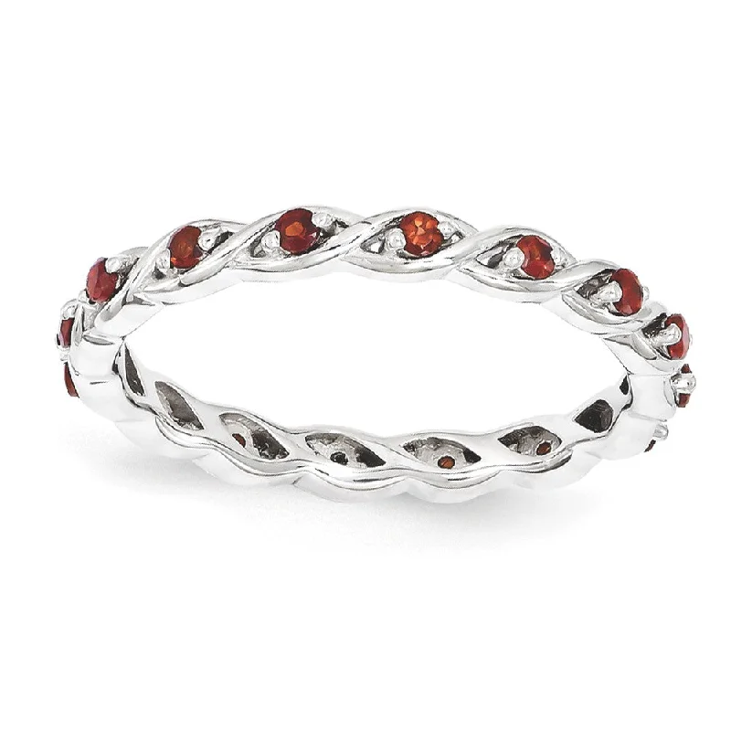 Simple Gemstone Rings-2.5mm Rhodium Plated Sterling Silver Stackable Garnet Twist Band