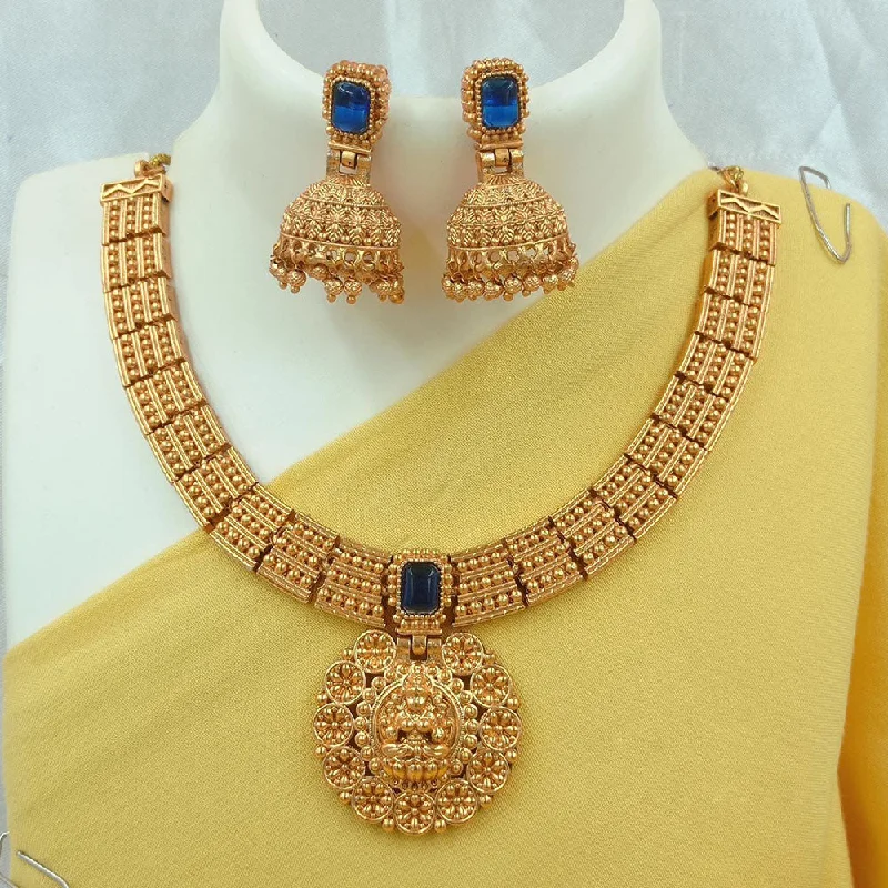 Colorful Necklace Pendants-FS Collection Gold Plated Kundan Stone Temple Necklace Set