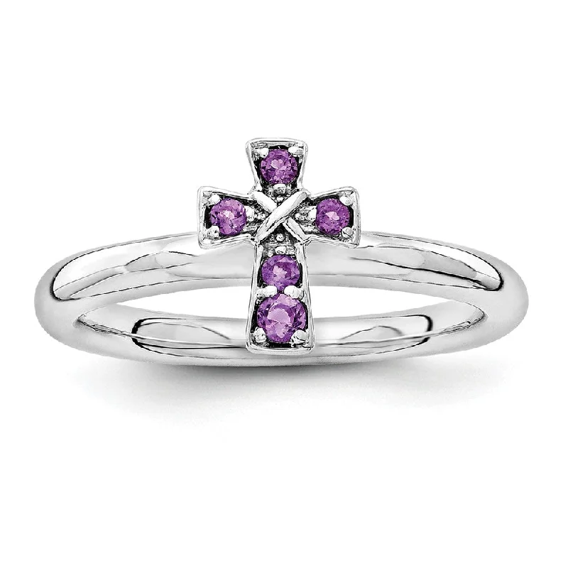 Modern Diamond Rings-Rhodium Plated Sterling Silver Stackable Amethyst 9mm Cross Ring