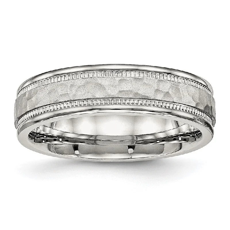 Elegant Wedding Bands-6mm Stainless Steel Hammered & Grooved Edge Standard Fit Band