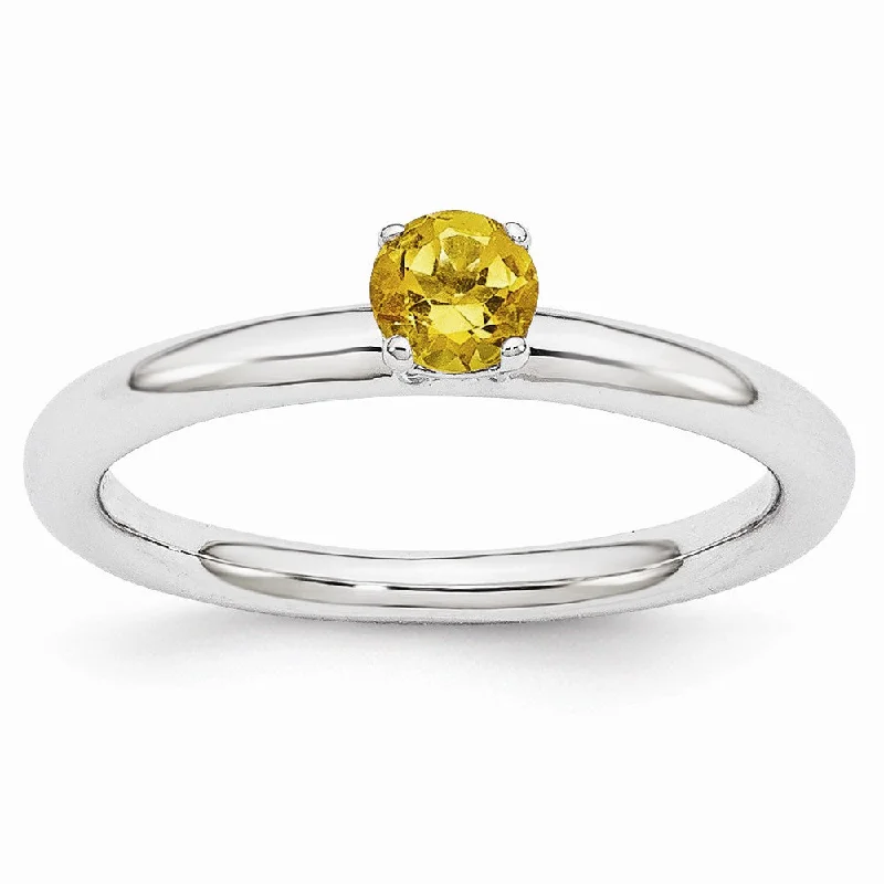 Classic Solitaire Rings-Rhodium Plated Sterling Silver Stackable 4mm Round Citrine Ring