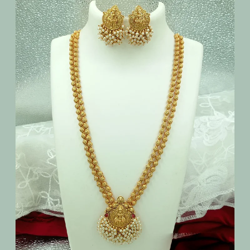 Heart-Shaped Diamond Necklaces-Joyful Jewel Art Matte Gold Plated Pota Stone And Pearl Temple Long Necklace Set