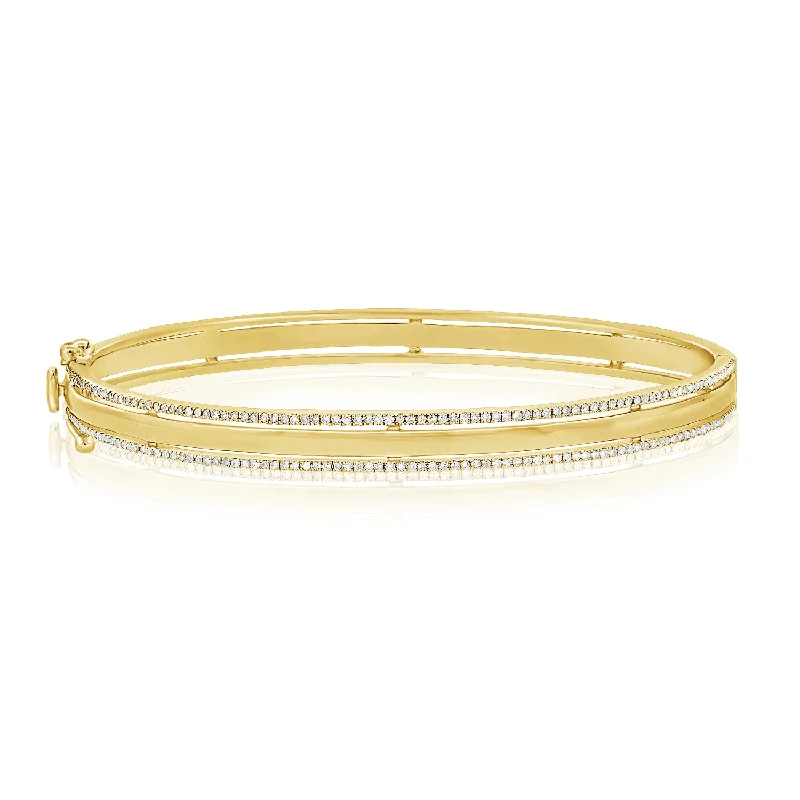 Beautiful Birthstone Bracelets-Sophisticated 14K Gold Double-Line Diamond Bangle