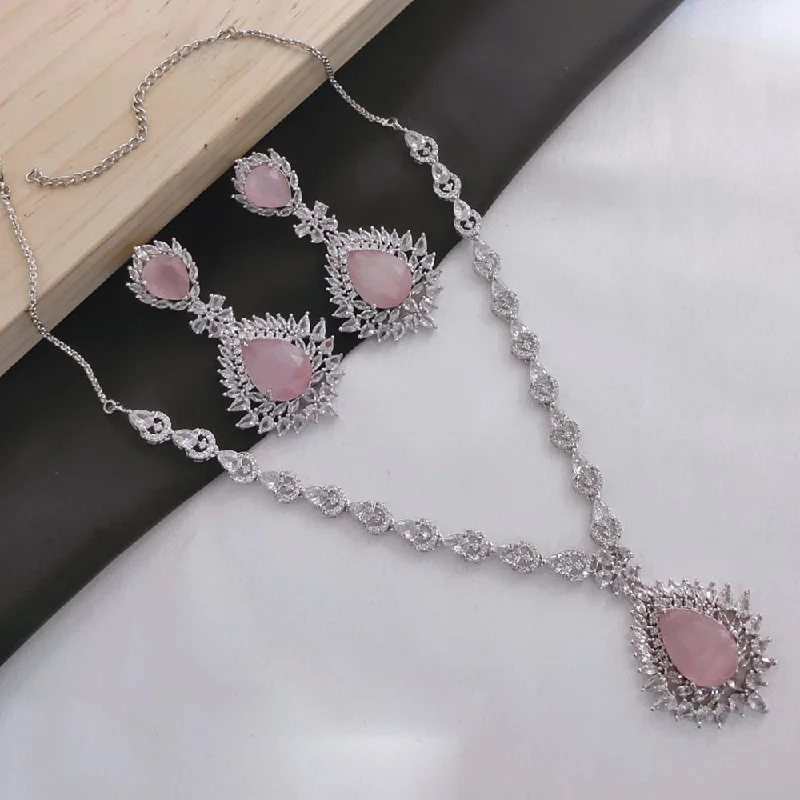 Simple Gemstone Necklaces-Akruti Collection Silver Plated American Diamonds Necklace Set