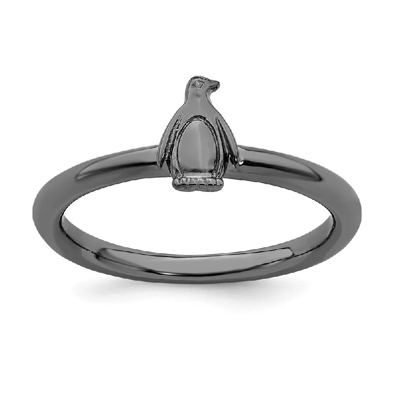 Men’s Wedding Bands in Gold-Black Plated Sterling Silver Stackable Penguin Ring