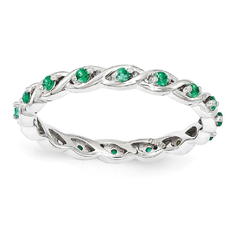 Classic Gold Rings-2.5mm Rhodium Sterling Silver Stackable Created Emerald Twist Band