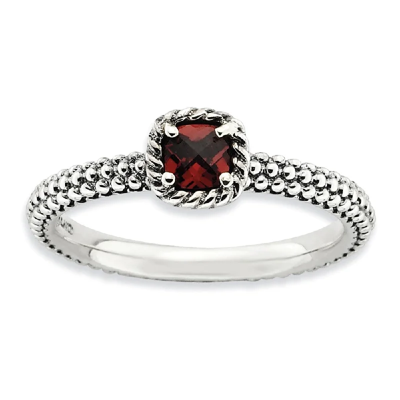 Trendy Engagement Ring Sets-Sterling Silver & Garnet Solitaire Milgrain Band Stackable Ring