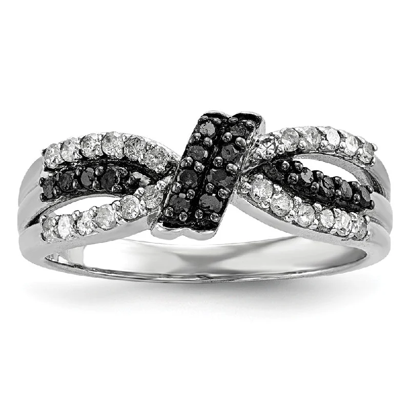 Personalized Rings for Weddings-1/3 Ctw Black & White Diamond Bow Tapered Ring in Sterling Silver