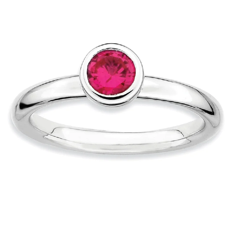 Designer Gemstone Rings-Stackable Low Profile 5mm Created Ruby Sterling Silver Ring