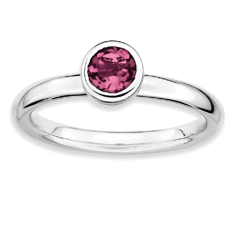 Affordable Engagement Rings-Stackable Low Profile 5mm Pink Tourmaline Silver Ring