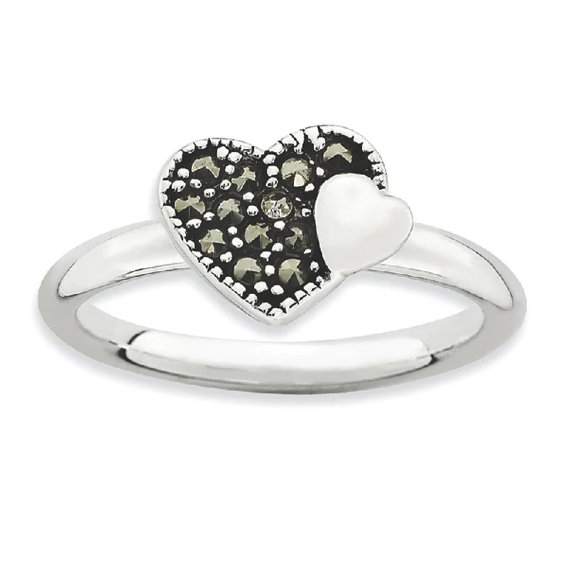 Fashionable Gemstone Wedding Rings-2.25mm Sterling Silver Stackable Marcasite Heart Ring