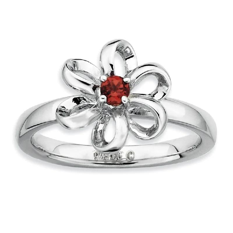 Personalized Silver Rings-Sterling Silver Stackable Faceted Garnet Looped Petal Flower Ring