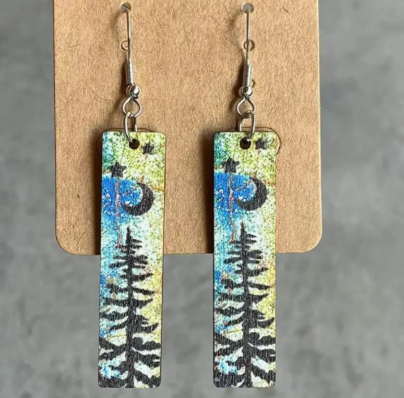 Fancy Dangle Earrings-Rectangle Wooden Moonlit Tree Earrings