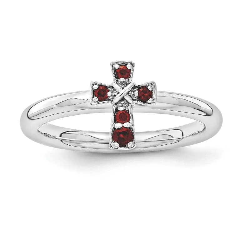 Customizable Wedding Bands-Rhodium Plated Sterling Silver Stackable Garnet 9mm Cross Ring