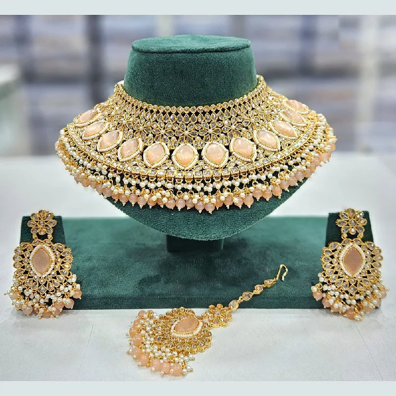 Trendy Heart Shape Necklaces-Rajwadi Collection Gold Plated Crystal Stone And Pearls Choker Necklace Set