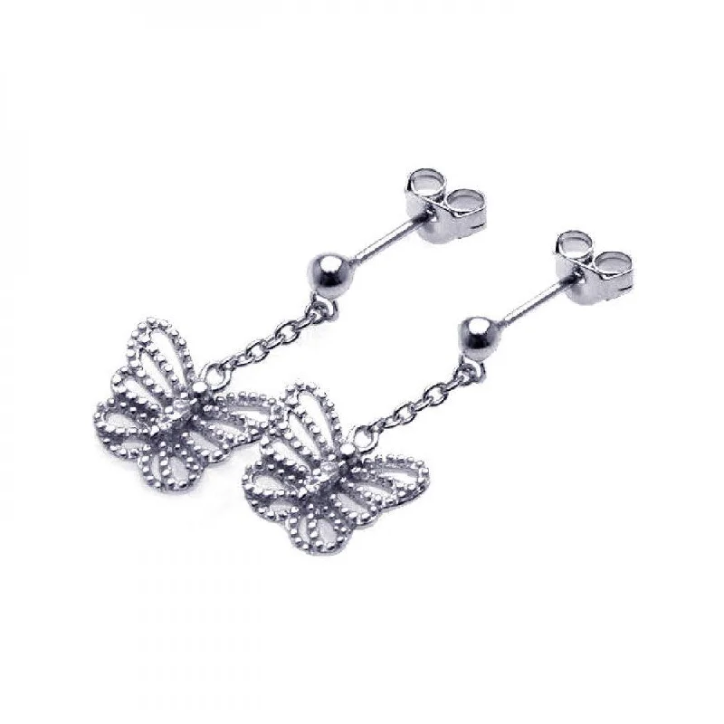 Dainty Silver Earrings-Silver 925 Rhodium Plated Butterfly CZ Dangling Wire Post Earrings - STE00527