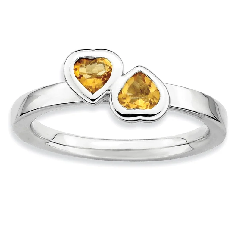 Personalized Diamond Wedding Rings-Sterling Silver Stackable Double Heart Citrine Ring