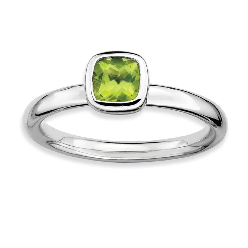 Personalized Rings for Weddings-Silver Stackable Cushion Cut Peridot Solitaire Ring