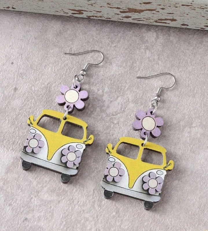 Trendy Drop Earrings-Vintage Yellow and Purple Flower School Bus Earrings