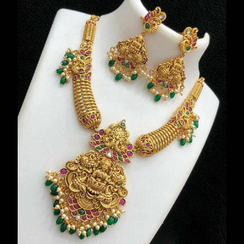 Wedding Gold Necklaces-Sai Fashion Gold Plated Pota Stone Temple Necklace Set