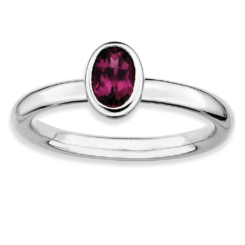 Vintage Style Rings-Silver Stackable Oval Rhodolite Garnet Solitaire Ring