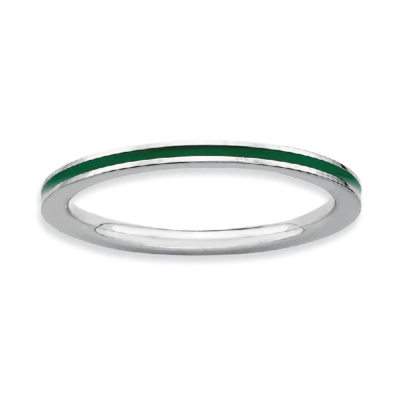 Stylish Wedding Rings-1.5mm Sterling Silver Stackable Green Enameled Band