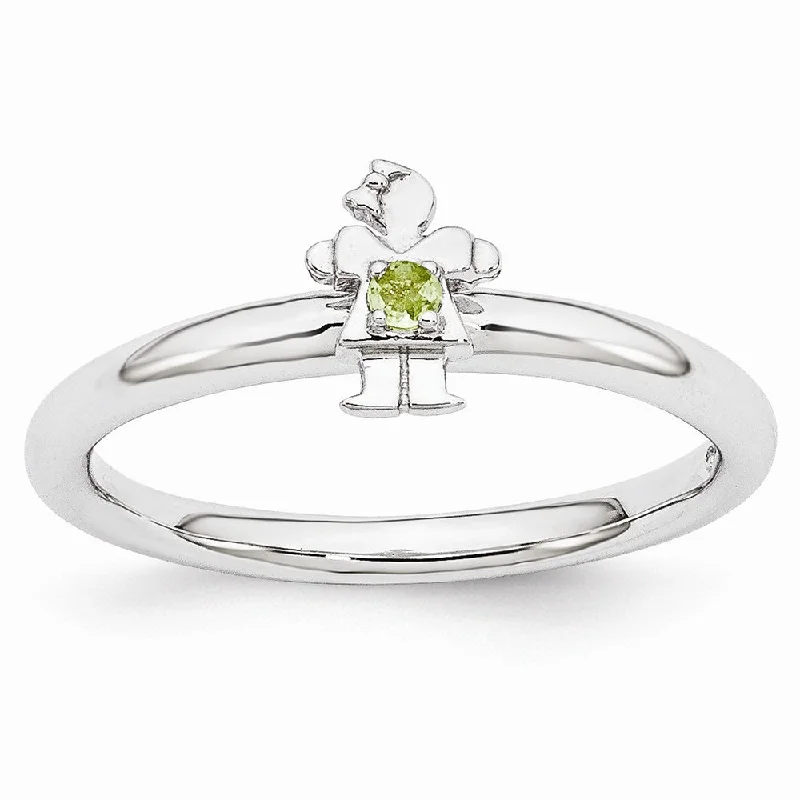 Sterling Silver Rings-Rhodium Plated Sterling Silver Stackable Peridot 7mm Girl Ring