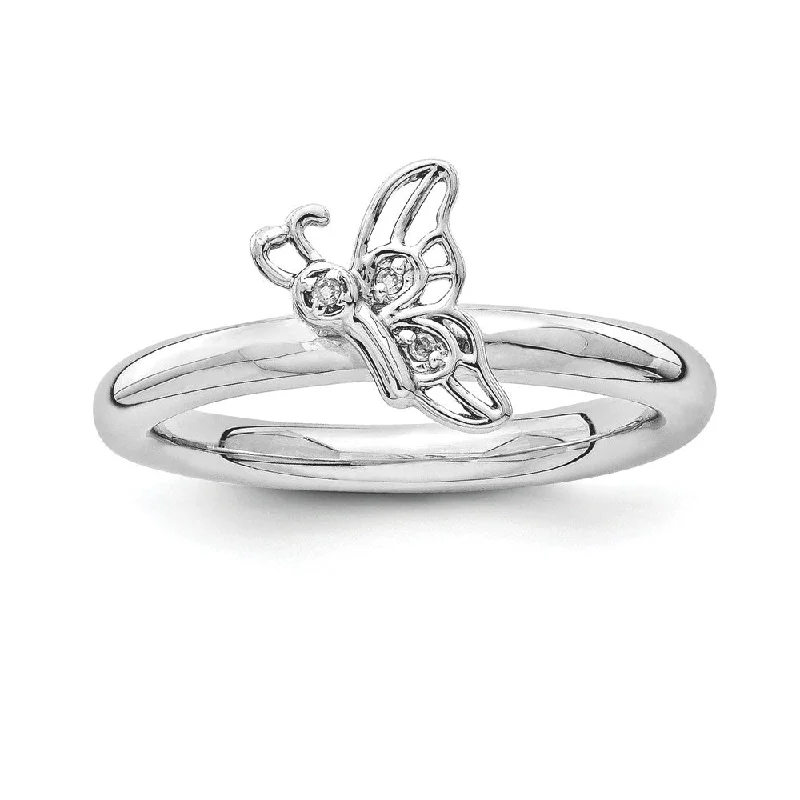 Stylish Gemstone Rings-Rhodium Sterling Silver .015 Ctw Diamond 9mm Butterfly Stackable Ring