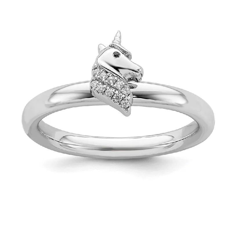 Gold Diamond Rings-Rhodium Plated Sterling Silver & Diamond Stackable Unicorn Ring