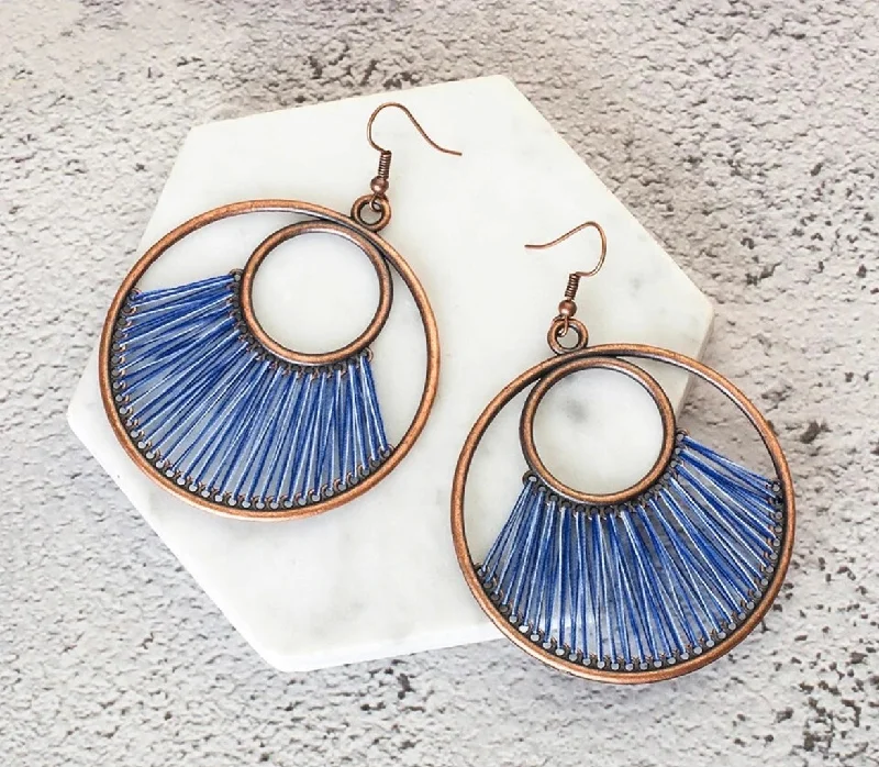 Dainty Gold Earrings-Beautiful Blue Stringed Copper Earrings