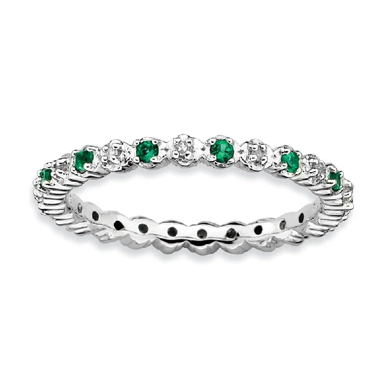 Beautiful Diamond Rings-2.25mm Stackable Created Emerald & .04 Ctw HI/I3 Diamond Silver Band