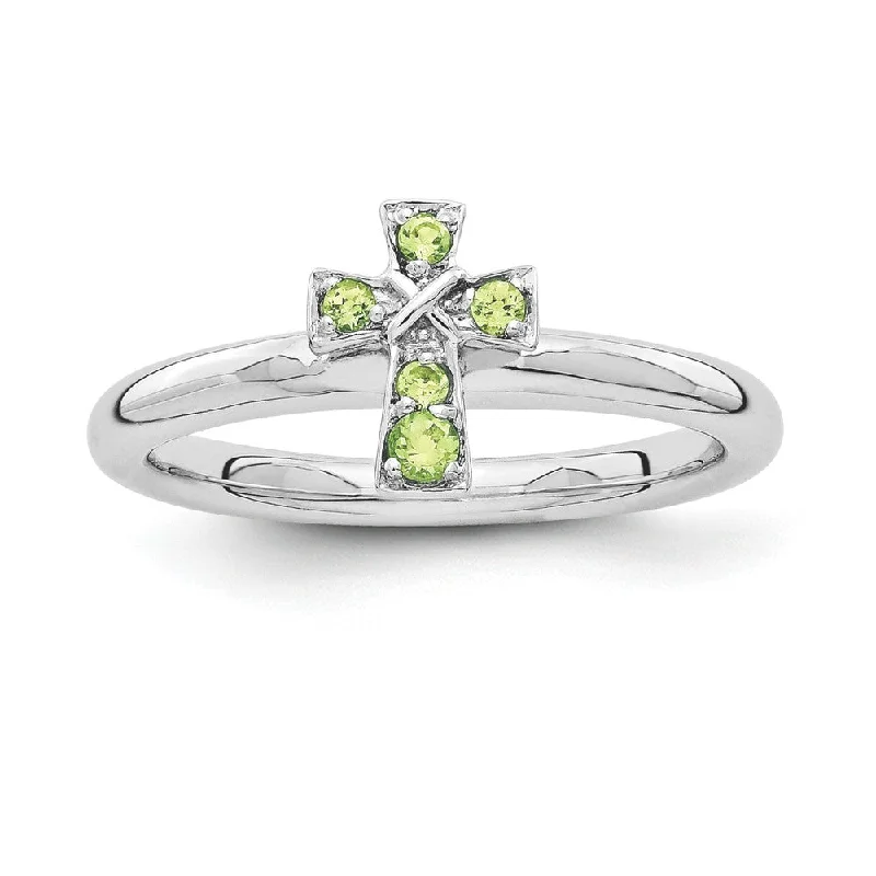 Customizable Engagement Bands-Rhodium Plated Sterling Silver Stackable Peridot 9mm Cross Ring