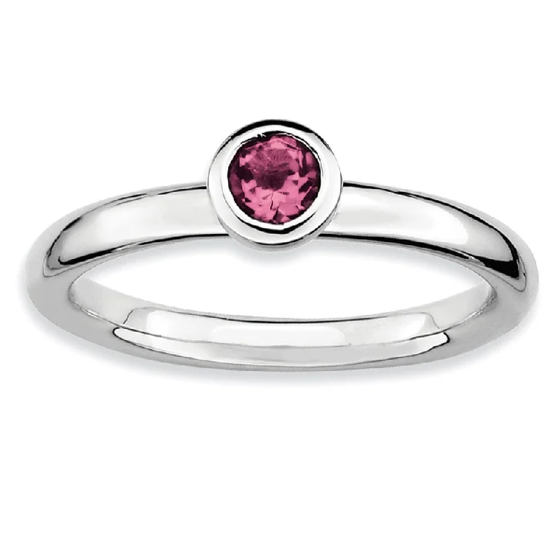 Vintage Engagement Rings-Stackable Low Profile 4mm Pink Tourmaline Silver Ring