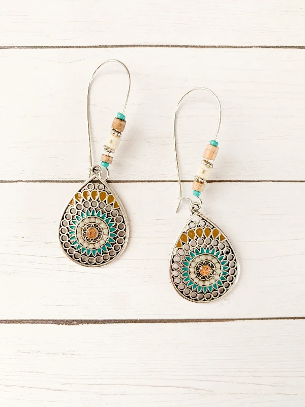 Big Statement Earrings-Vintage Drop Earrings with Turquoise and Tan Accents