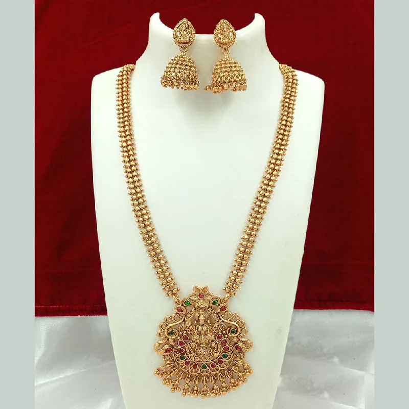 Round Gemstone Necklaces-Joyful Jewel Art Matte Gold Plated Kundan Stone Temple Necklace Set