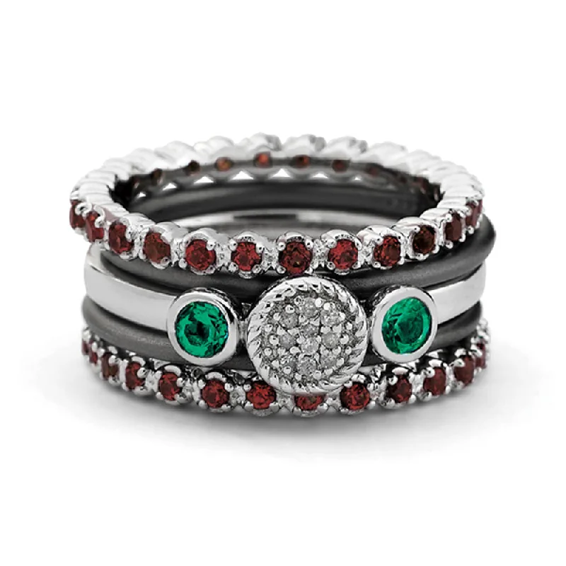 Silver Engagement Rings-Two Tone Sterling Silver Garnet Eternity Stackable Ring Set